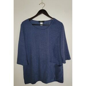 Yushi Size Medium Blue 3/4 Sleeve Cotton Top Blouse Lagenlook Art to Wear Boho